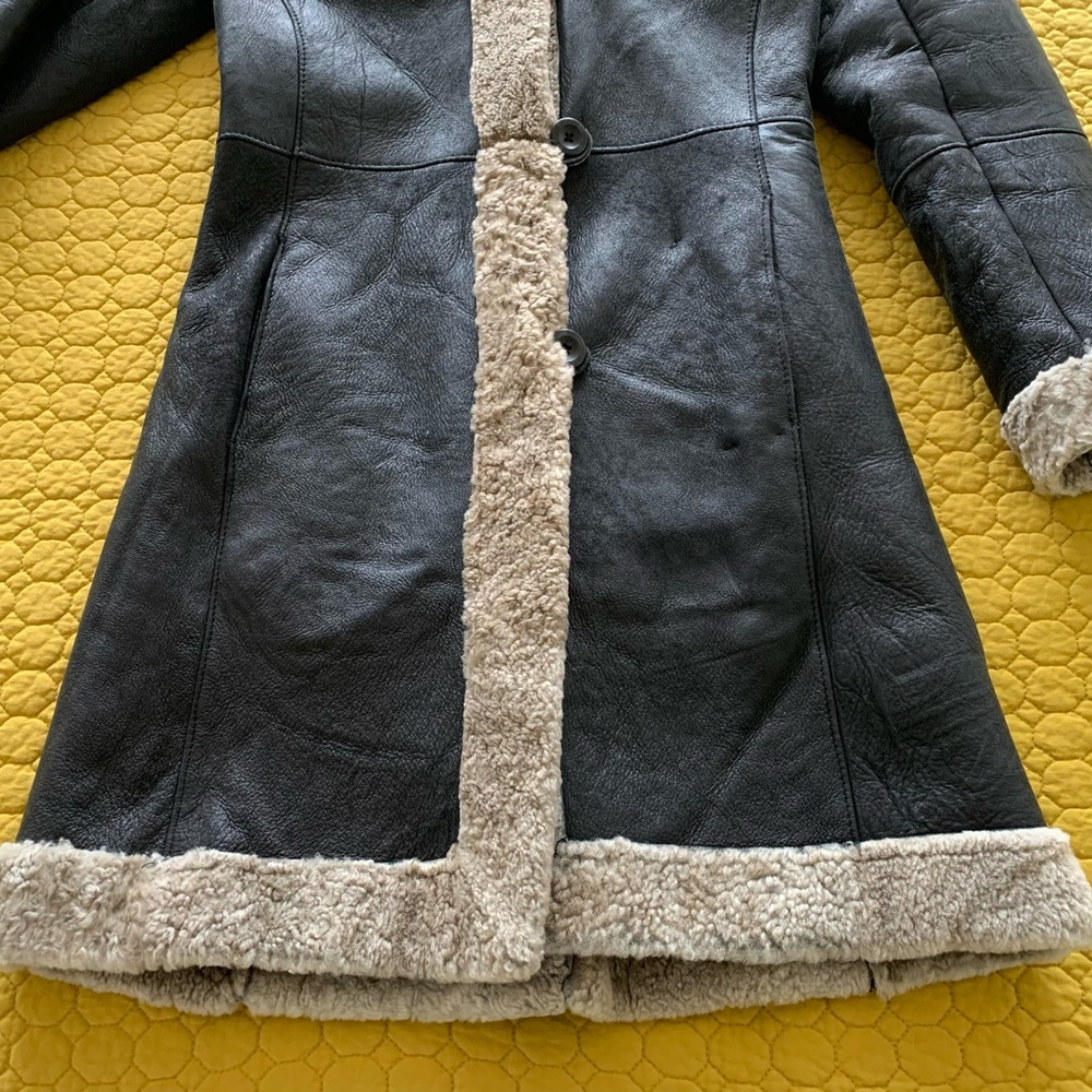 BOD & CHRISTENSEN Black Leather & Shearling Knee Length Coat - Picture 9 of 16